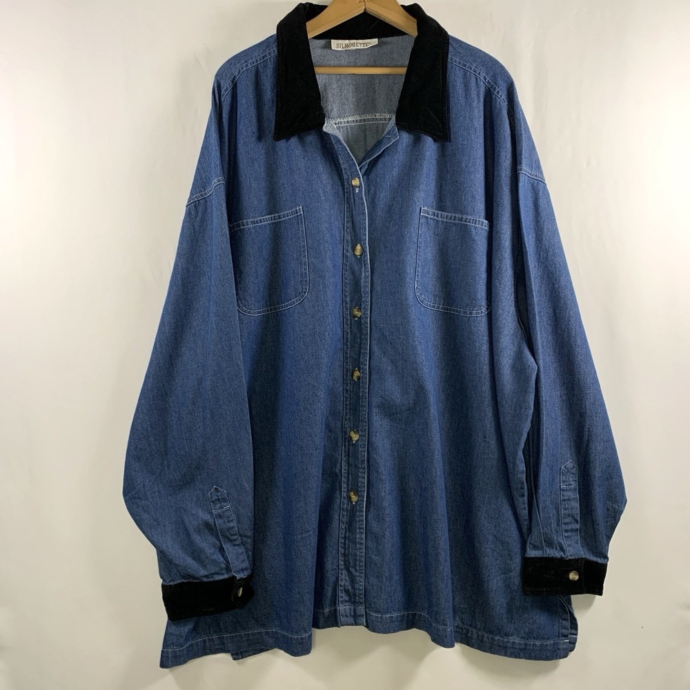 VTG 90s Womens Velvet Collar Cuffs Chambray Button Shacket Top Sz 4X Oversized